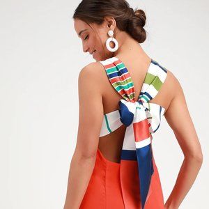 NWT Lulus Joyful Red Orange Multi Stripe Tie-Back Mini Dress